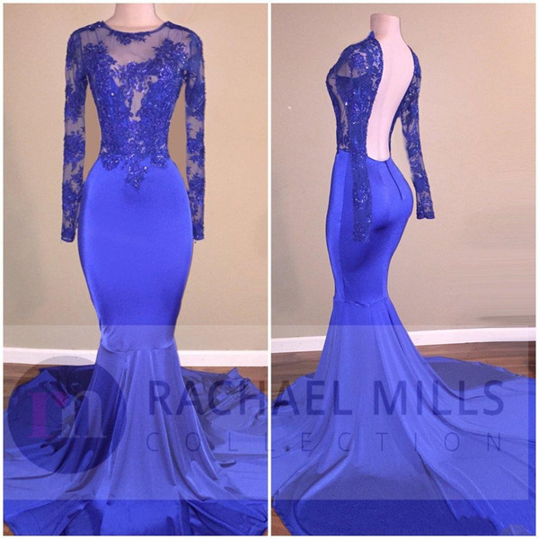 Cheap Sheer Royal Blue Prom Dresses Mermaid Lace Appliques Top Sexy Open Back Formal Evening Celebrity Occasion Gowns Plus Size BA6267