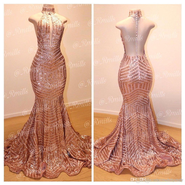 Sparkly Rose Gold Sequins Mermaid Prom Dresses Long Sexy Halter Keyhole Neck Backless Formal Party Evening Gowns robes de soirée BC0561