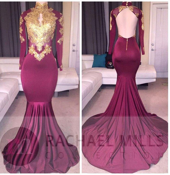 African Burgundy Long Sleeve Gold Lace Prom Dresses Mermaid Satin Applique Beaded High Neck Backless Court Train Prom Party Gowns