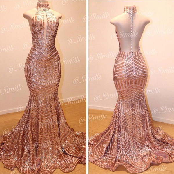 Sparkly Rose Gold Sequins Mermaid Prom Dresses Keyhole Neck Sheer Back Court Train Evening Gowns Women Formal Party Dresses BC0561