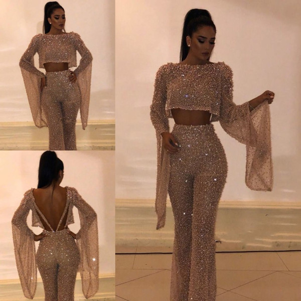 Hot Sell Sequined Two Pieces Prom Dresses Sheath Long Sleeves Plus Size Formal Dresses Party Evening Gowns Custom Made Pants Suits BC0240