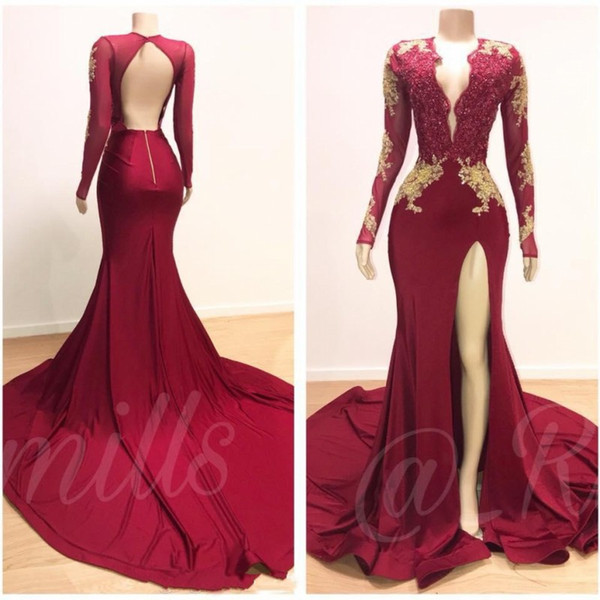 Burgundy Sexy Mermaid Prom Dresses V Neck Long Sleeves Sequined Beaded Special Occasion Dresses Formal Evening Dresses Wear Vestidos