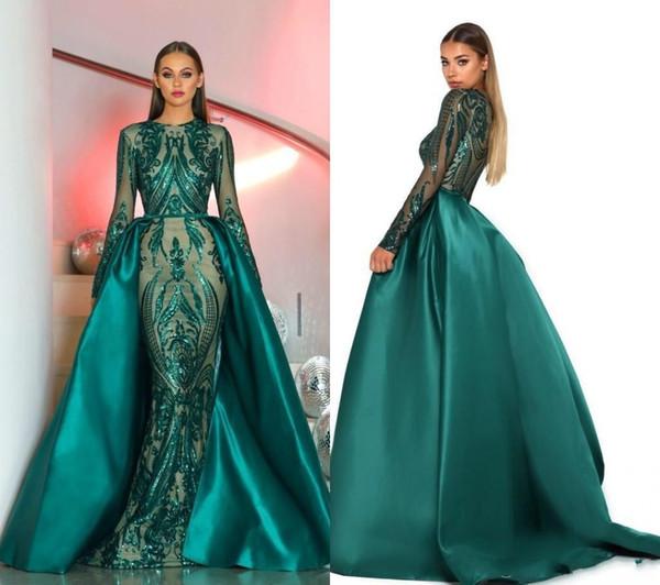 Luxury Dubai Long Sleeves Green Sequins Prom Dresses Mermaid Detachable Train Evening Party Gowns Custom Made Plus Size