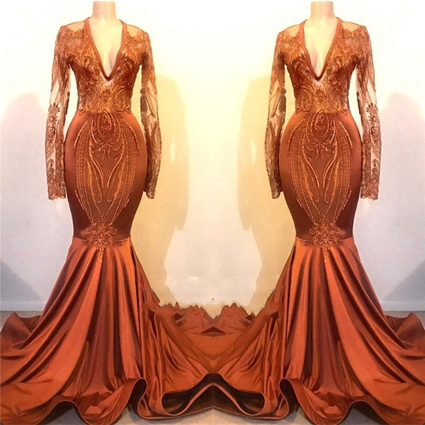 Dusty Orange Prom Dresses New Mermaid Long Sleeves Vintage Applique Sequin Long Evening Gowns Formal See Through BC1115