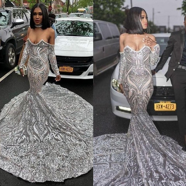 Sliver Mermaid Prom Reflective Dresses New Long Sleeve Sweep Strain Illusion Sweetheart Formal Evening Dress Party Gowns Custom Made