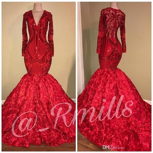 Vintage Real Images Red Mermaid Sequins Prom Dresses Long Sleeves 3D Lace Flowers Evening Party Celebrity Dresses BC1433