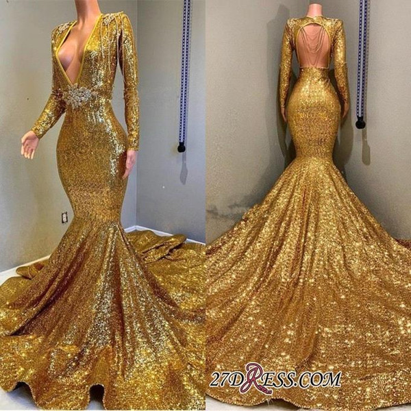 Gold Sequins Mermaid Prom Dresses Long Sleeve Deep V Neck Open Back with Tassel Formal Evening Gowns Celebrity Party Dresses BC0577