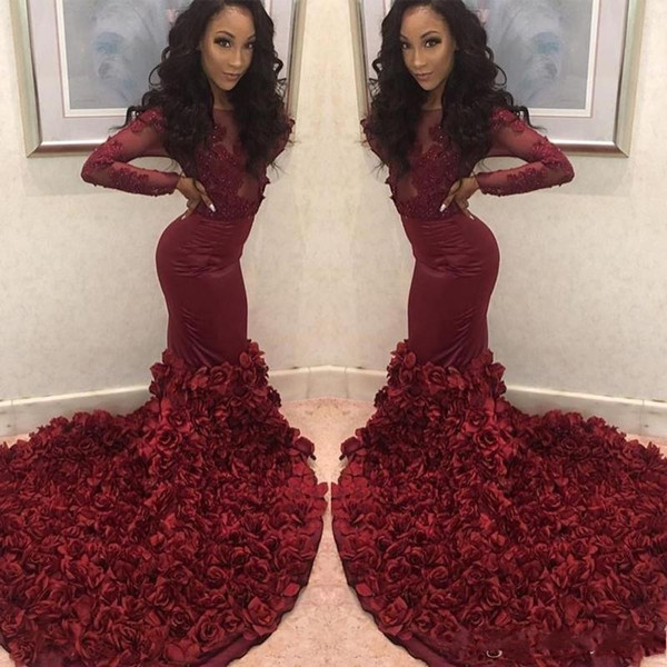 Sexy Burgundy Mermaid Prom Dresses Sheer Neck Long Sleeves Lace Appliques Beaded Rose Flowers Evening Dress Party Pageant Formal Gowns