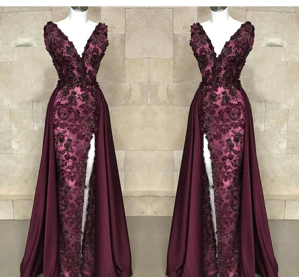 New Burgundy Deep V Neck Mermaid Prom Dresses Sleeveless Lace Appliques Beaded Side Split Evening Gowns with Detachable Overskirt