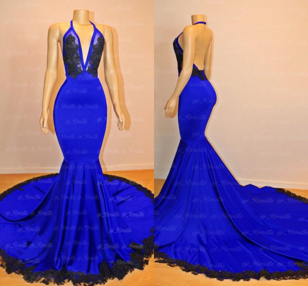 Simple Royal Blue Mermaid Prom Dresses New Designed Halter Neck Backless Black Appliqued Long Evening Gowns Custom Made