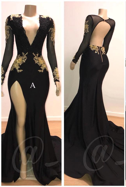 Gold Appliques Black Prom Dresses Deep V Neck Mermaid Sexy Backless Long Sleeve Evening Gowns Vintage Arabic Party Dress BC0583