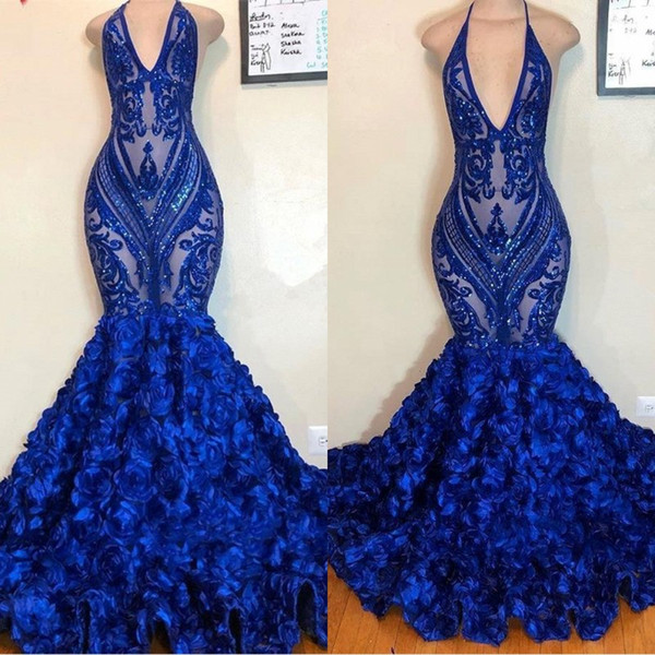 Sexy Floral Ruffles Royal Blue Mermaid Prom Dresses Sequins Lace Appliques Halter Evening Party Dress BC1368