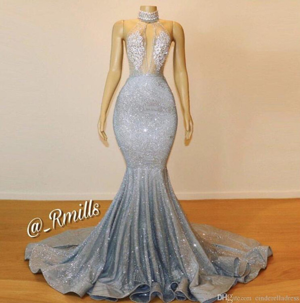 Silver Bling Sequins Mermaid Prom Dresses Lace Appliqued Backless Formal Evening Party Wear Custom Made BC0679