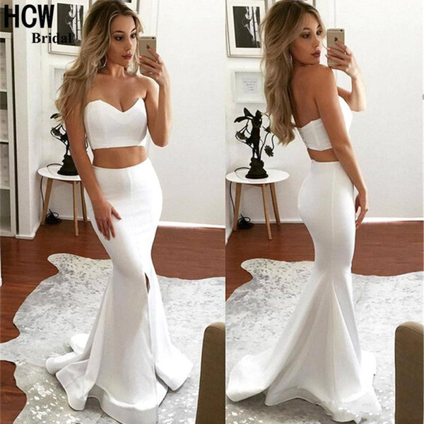 Sexy Two Piece Cheap Mermaid Prom Dresses White Sweetheart Backless Side Split Formal Dresses Evening Dresses robe de soiree