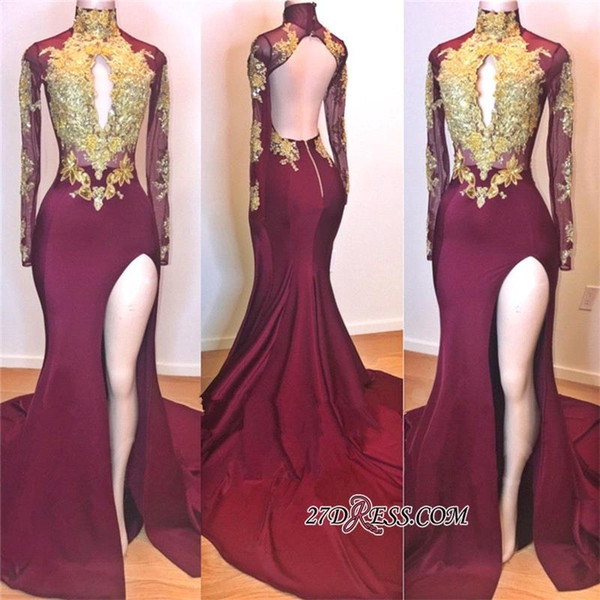 High Neck Long Sleeves Mermaid Prom Dresses with Gold Lace Appliques High Split Sexy Backless Evening Dresses Formal Party Gowns BC0956