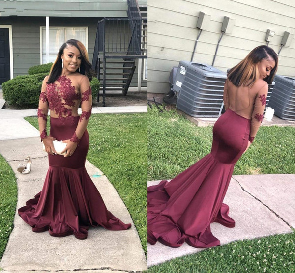 Burgundy Lace Mermaid Prom Dresses Sheer Neck Long Sleeves Sexy Backless Formal Party Evening Gowns with Lace Appliques BC1245