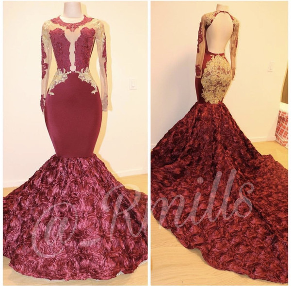 Vintage New Women Sexy Backless Prom Dresses Burgundy With Gold Appliques Mermaid Sheer Crew Neck Satin Lace Flowers Long Evening Gowns