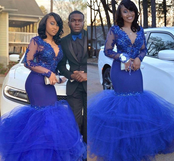 African Arabic Royal Blue Mermaid Prom Dresses Black Girls Party Gowns Lace Appliques Long Sleeves Tulle Evening Dresses