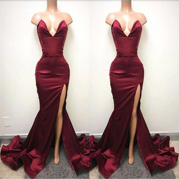 Hot Burgundy Mermaid Prom Dresses Sexy Backless Sweetheart High Split Long Evening Gowns Ruched Celebrity Holiday African Party Gowns