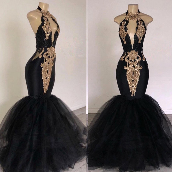 New Black Halter Tulle Mermaid Long Prom Dresses Keyhole Lace Applique Beaded Floor Length Evening Party Dresses BC0752