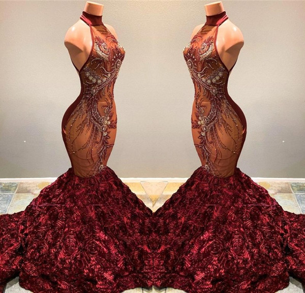 Stunning African Mermaid Prom Dresses Burgundy Long High Neck Beading Crystal Ruffles Flowers Women Sexy Pageant Party Gowns Vestidos