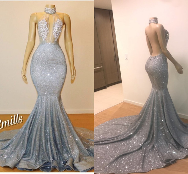 Silver Sequined Mermaid Long Prom Dresses High Neck Hollow Out Lace Appliqued Sexy Backless Formal Evening Gowns Long Court Train