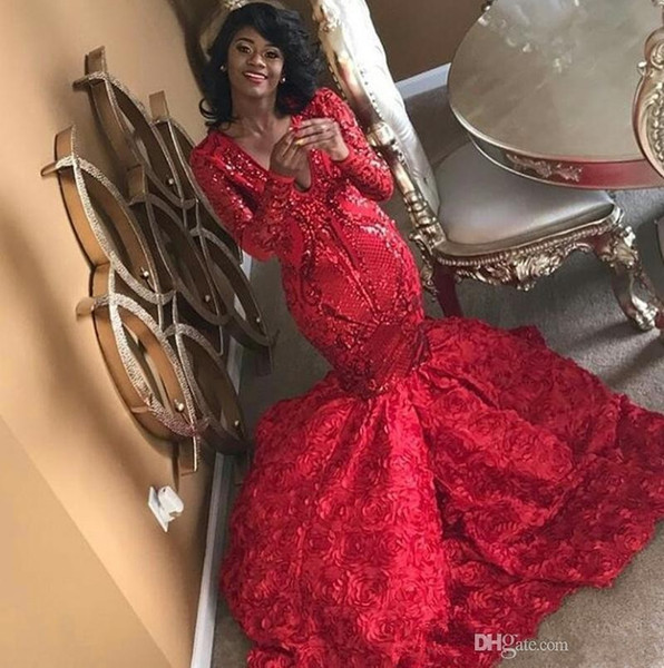 Red Mermaid Prom Dresses Full Sequins Plunging V Neck Floral Train Long Sleeves Formal Evening Party Dresses Gowns