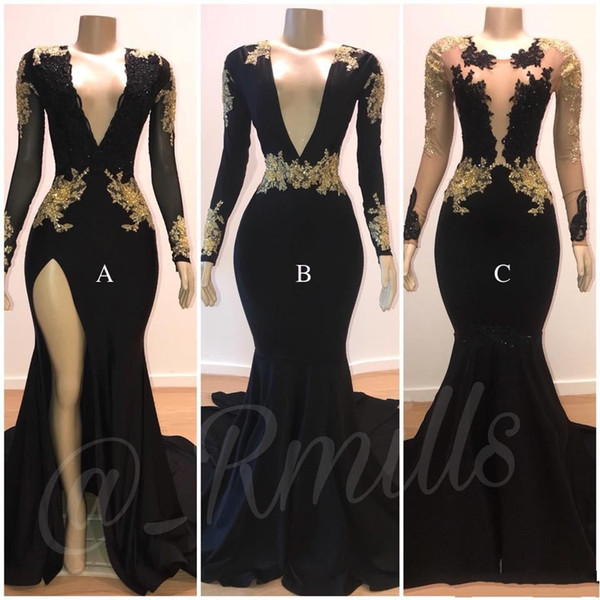 African Black Mermaid Prom Dresses with Gold Lace Appliqued Long Sleeves High Split Evening Gowns Formals Wear