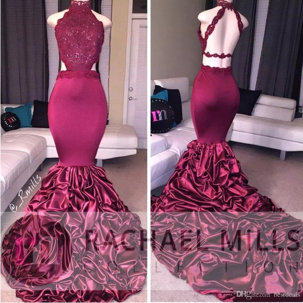 Burgundy Mermaid Long Prom Dresses African Lace Appliqued Sleeveless Open Back Sequins Ruffled Sweep Train Evening Party Gowns BA5125