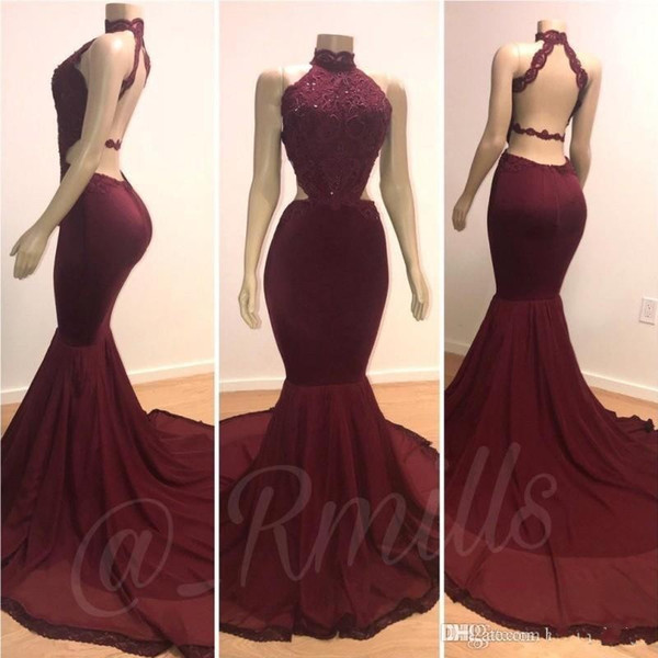 Real Photos Cheap Halter Mermaid Long Prom Party Dresses Burgundy Lace Applique Beaded Backless Sweep Train Evening Gowns Plus Size