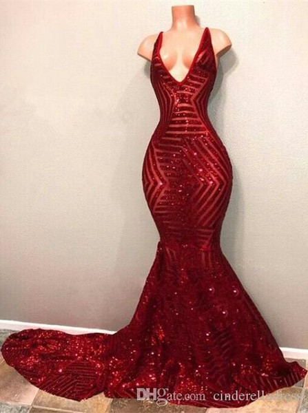 Sexy Red Blingbling Sequins Prom Dresses Sleeveless Mermaid Plunging V Neck Black Girls Evening Party Gowns BA7779