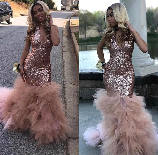 Stunning Rose Gold Sequined Mermaid Prom Dresses Tulle Ruffle Train Deep V Neck Evening Party Dresses BC1836