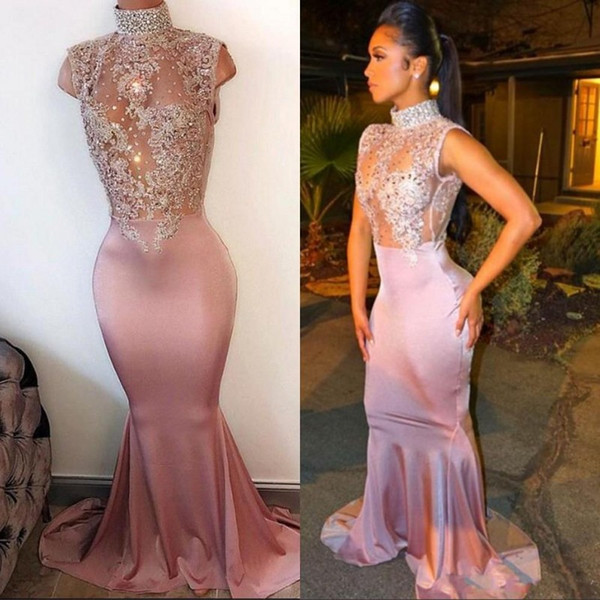 Vintage Mermaid Prom Party Dresses High Neck Pearls Sleeveless Lace-Appliques Cutaway Side Crystal Beaded Evening Gowns Custom Made