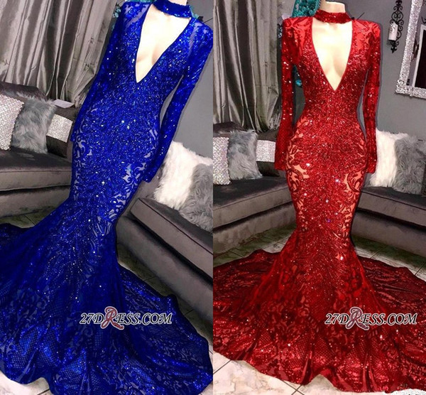 Glamorous Royal Blue Red Sequins Mermaid Prom Dresses Sexy Deep V Neck Long Sleeves Celebrity Evening Gowns BC0842