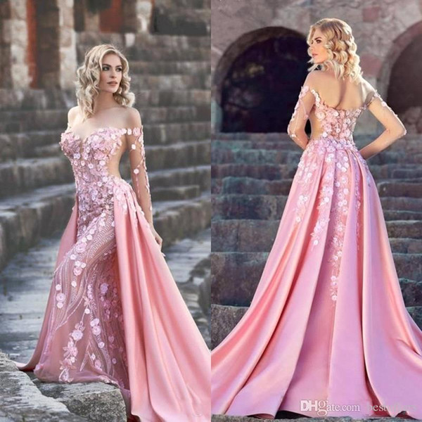 New Pink Sexy Illusion Bodices Mermaid Prom Dresses Sheer Long Sleeves Lace Appliqued Formal Party Celebrity Evening Gowns BC1520