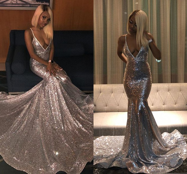 Silver Sexy Deep V Neck Mermaid Prom Dresses Vintage African Black Girls Formal Evening Party Gowns Sequins Cheap Long Dress