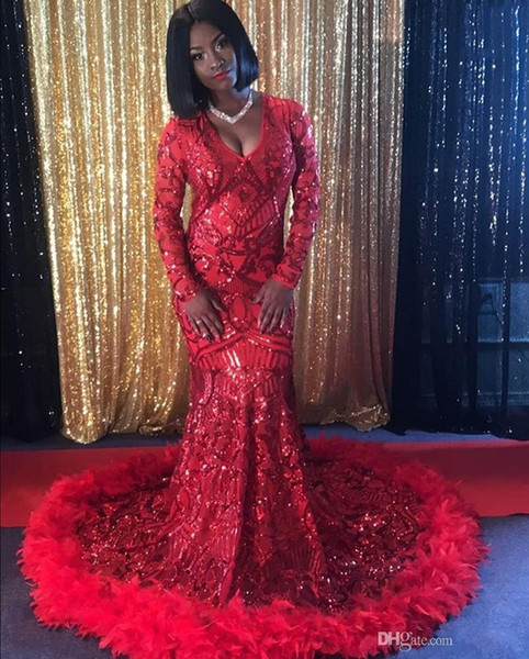 African Red Mermaid Red Prom Dresses Long New Design Feather With Ruffles Lace Long Sleeves Formal Evening Party Gowns