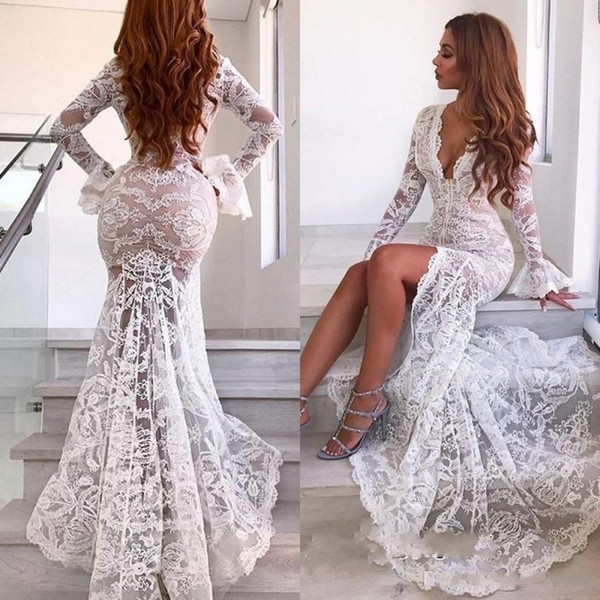 White Mermaid Lace Prom Dresses Appliques Long Sleeves High Split Party Dresses Evening Wear Custom Made