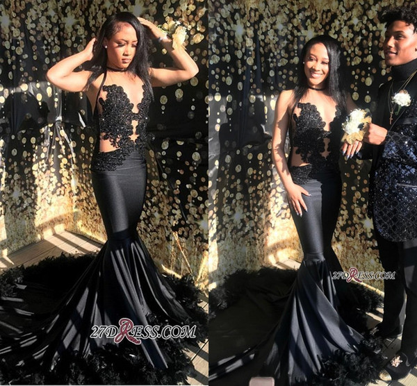 Sexy Black Mermaid Feather Prom Dresses Illusion Bodices Lace Appliques Satin Formal Party Gowns Celebrity Evening Dress