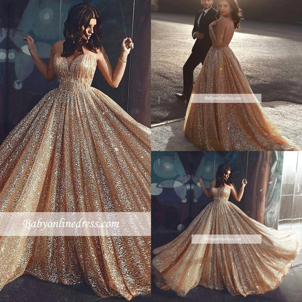 New Sparkling Sequins Prom Dresses Gold Ball Gown Formal Party Gown Long Evening Pageant Dresses Custom Made BC1457