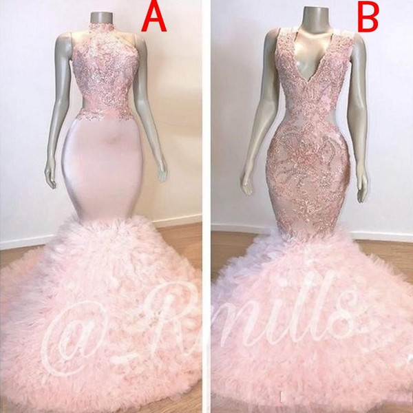 Baby Pink Mermaid African Prom Dresses Cascading Ruffles Train Long Evening Gowns with Applique Sequins Bodice Evening Gowns BC1619