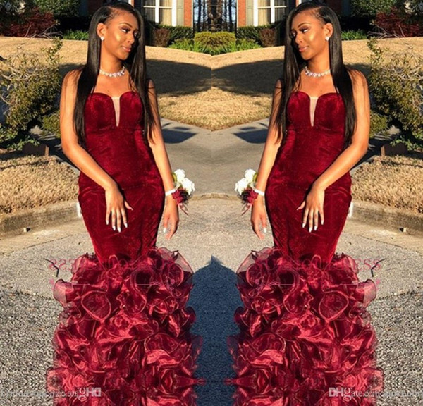 Burgundy Mermaid Prom Dresses Sweetheart Velvet Fitted Prom Gowns Floor Length Ruffled African Cocktail Party Gowns