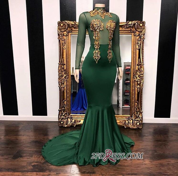 Dark Green High Neck Mermaid Prom Dresses Sexy Illusion Bodices Long Sleeves with Gold Lace Appliqued Formal Party Evening Dress