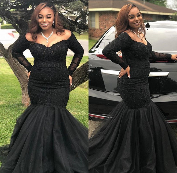 Plus Size Off Shoulder Mermaid Prom Dresses Scoop Long Sleeve Lace Appliques Black Girls Evening Dresses African Party Gown