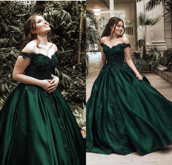 Beautiful Dark Green Ball Gown Prom Dresses Off the Shoulder Satin Floor Length Lace Evening Pageant Gowns BC0009