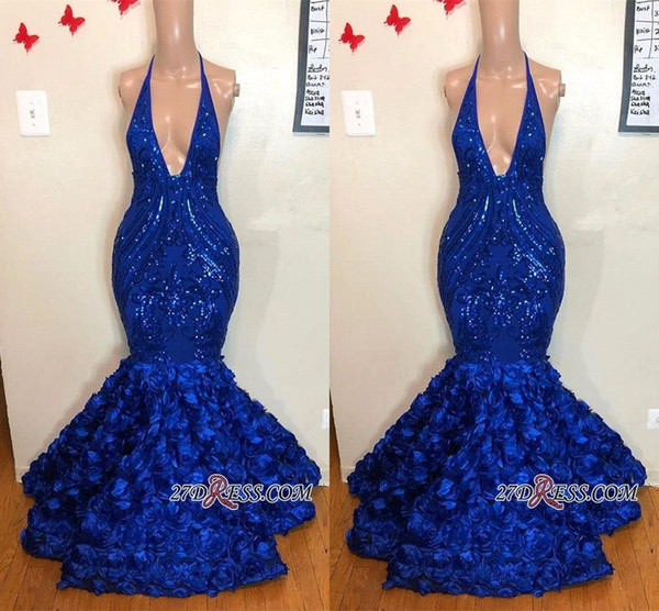 Royal Blue Sparkly Sequins Mermaid Prom Dresses Sexy Deep V Neck 3D Flowers Celebrity Pageant Dress Formal Party Evening Gowns BC1463