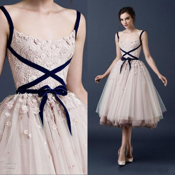 Fairy New Arrival Paolo Sebastian Blush Pink Applique Beads Prom Dresses Square Neckline Tea-Length Tulle Formal Party Evening Gowns