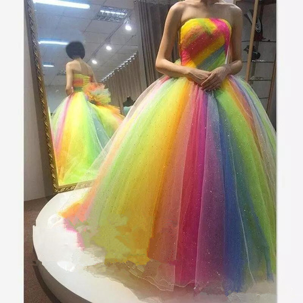 Colorful Rainbow Prom Dresses ball gown Strapless Floor Length lace up corset plus size Long formal evening party Prom Gowns