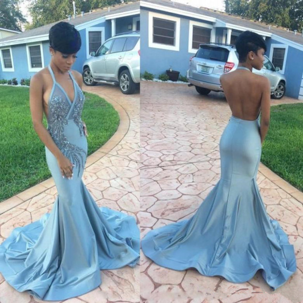 Sexy Dusty Blue African Prom Dresses Halter Backless Mermaid Evening Gowns Sequins Beaded Satin Formal Black Girl Party Dress