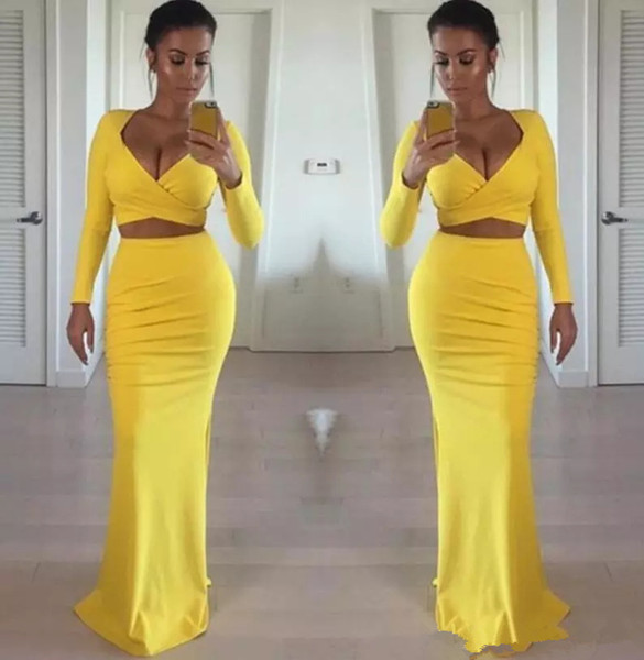 Sexy African Black Girls Yellow Prom Dresses Long Sleeves Two Pieces Tight Formal Sexy Evening Gowns Party Dress Cheap